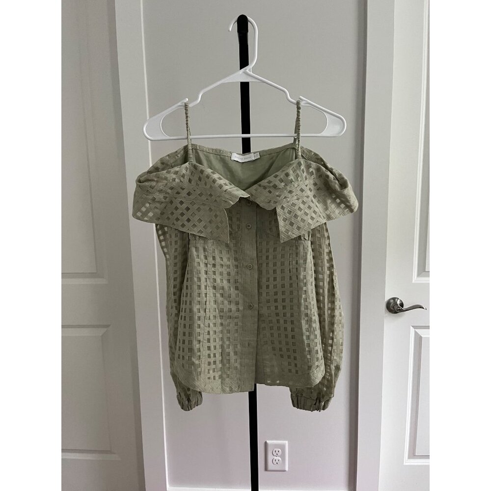 Jonathan Simkhai Paulina Windowpane Cotton Silk Top in Celadon Size XS - Picture 3 of 10